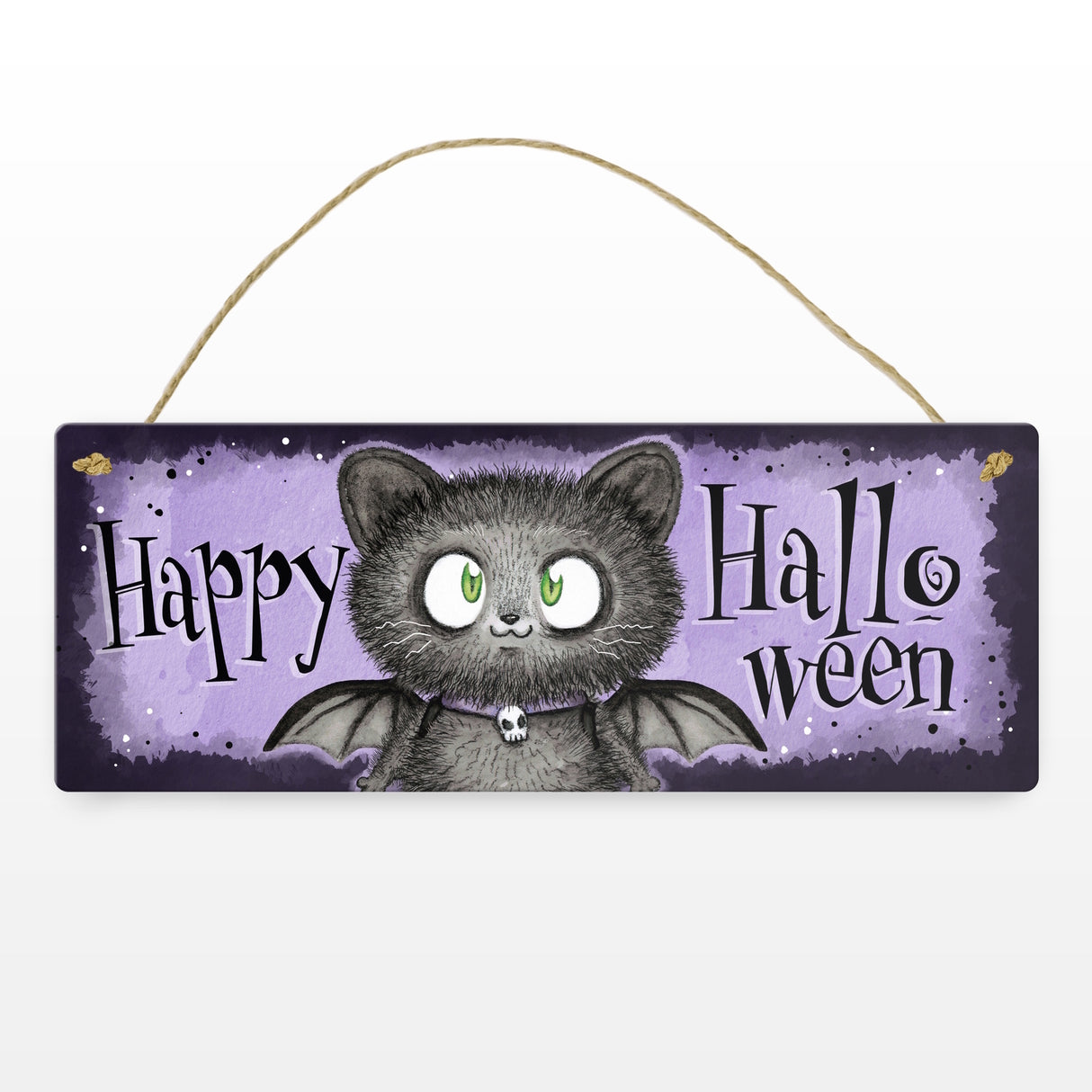 Happy Halloween Metallschild mit schwarzer Fledermaus-Katze