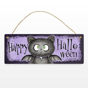 Happy Halloween Metallschild mit schwarzer Fledermaus-Katze