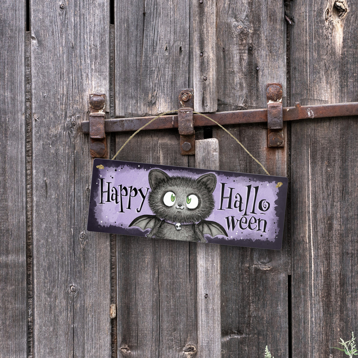 Happy Halloween Metallschild mit schwarzer Fledermaus-Katze