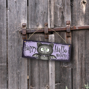 Happy Halloween Metallschild mit schwarzer Fledermaus-Katze