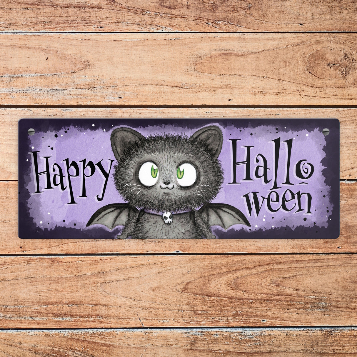 Happy Halloween Metallschild mit schwarzer Fledermaus-Katze