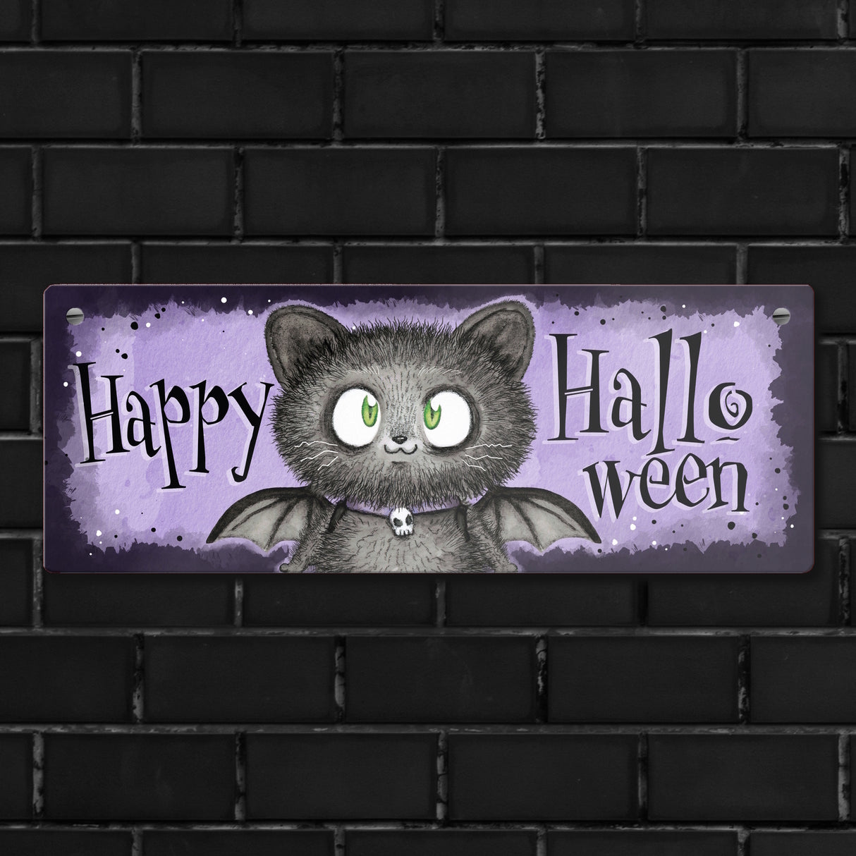 Happy Halloween Metallschild mit schwarzer Fledermaus-Katze