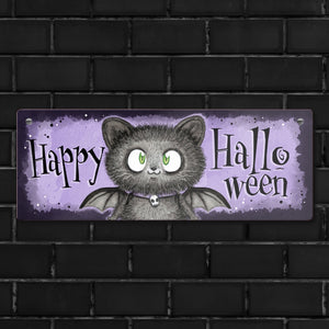 Happy Halloween Metallschild mit schwarzer Fledermaus-Katze