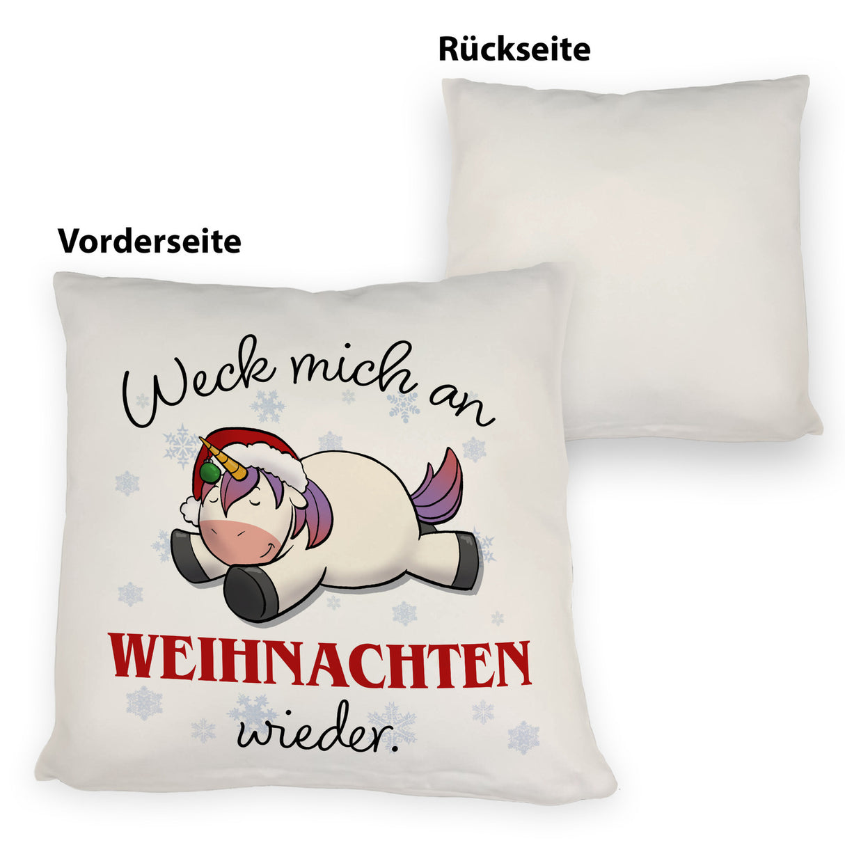Weihnachts-Einhorn Kissen mit Spruch Weck mich an Weihnachten wieder
