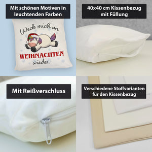 Weihnachts-Einhorn Kissen mit Spruch Weck mich an Weihnachten wieder