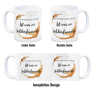 Kaffeefleck Kaffeebecher mit Spruch Zunge am heißen Kaffee verbrannt
