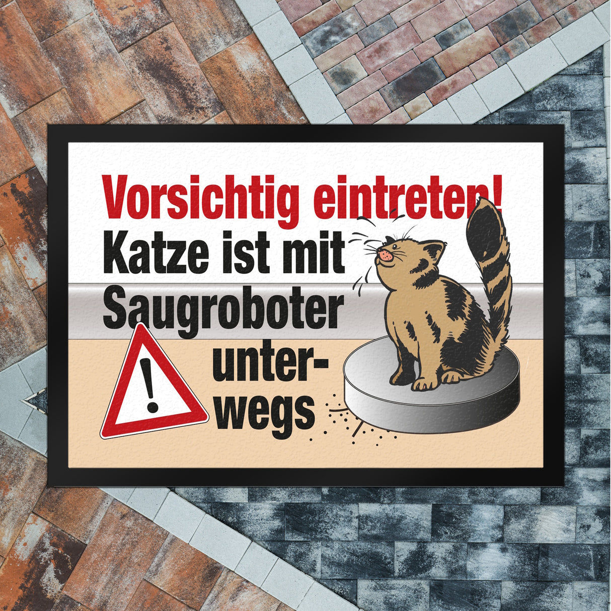 Vorsichtig eintreten - Katze auf Saugroboter Fußmatte