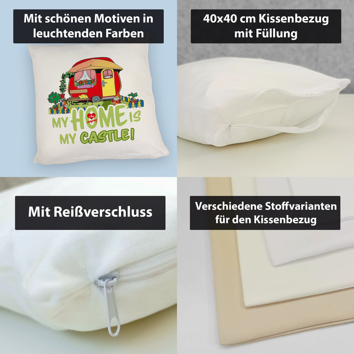 Wohnwagen Kissen mit Spruch My Home is my castle! I love camping