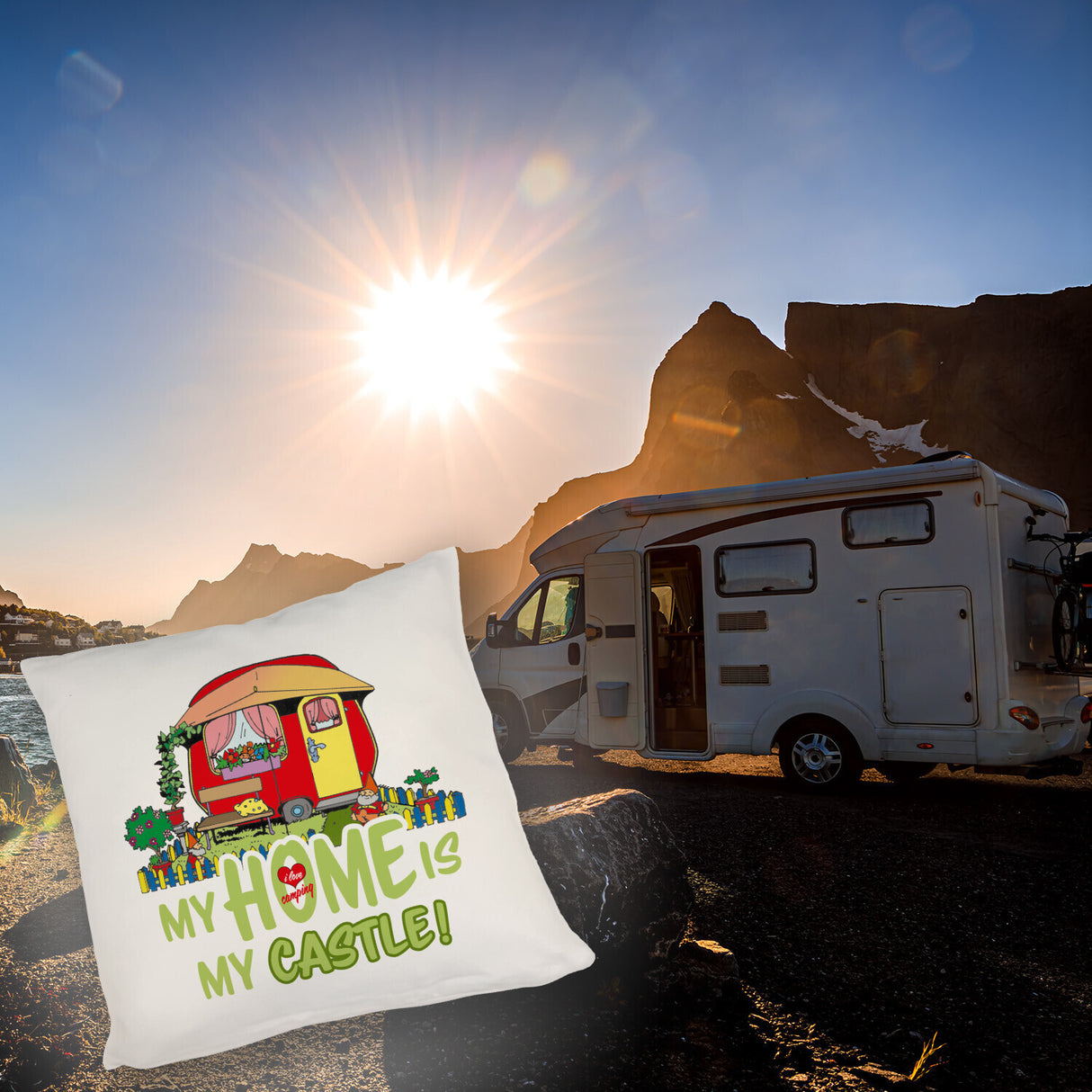 Wohnwagen Kissen mit Spruch My Home is my castle! I love camping