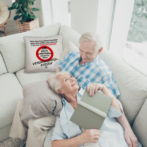 Ehe Kissen mit Warnsymbol und Spruch zum Thema Versöhnung für den Mann