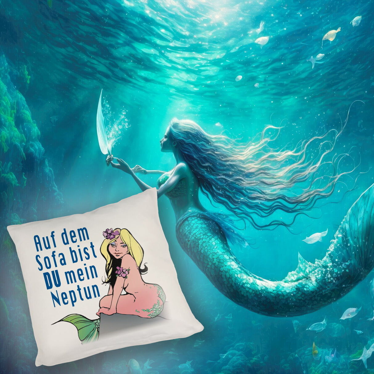 Meerjungfrau Kissen mit Spruch Auf dem Sofa bist du mein Neptun