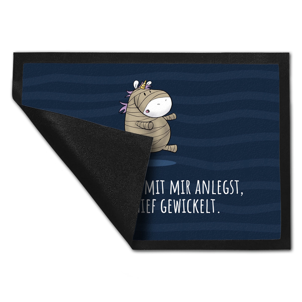 Einhorn-Mumie Fußmatte in 35x50 cm mit Spruch Du bist schief gewickelt