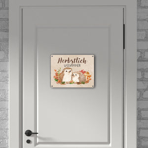 Igel Paar Metallschild in 15x20 cm mit Spruch Herbstlich Willkommen