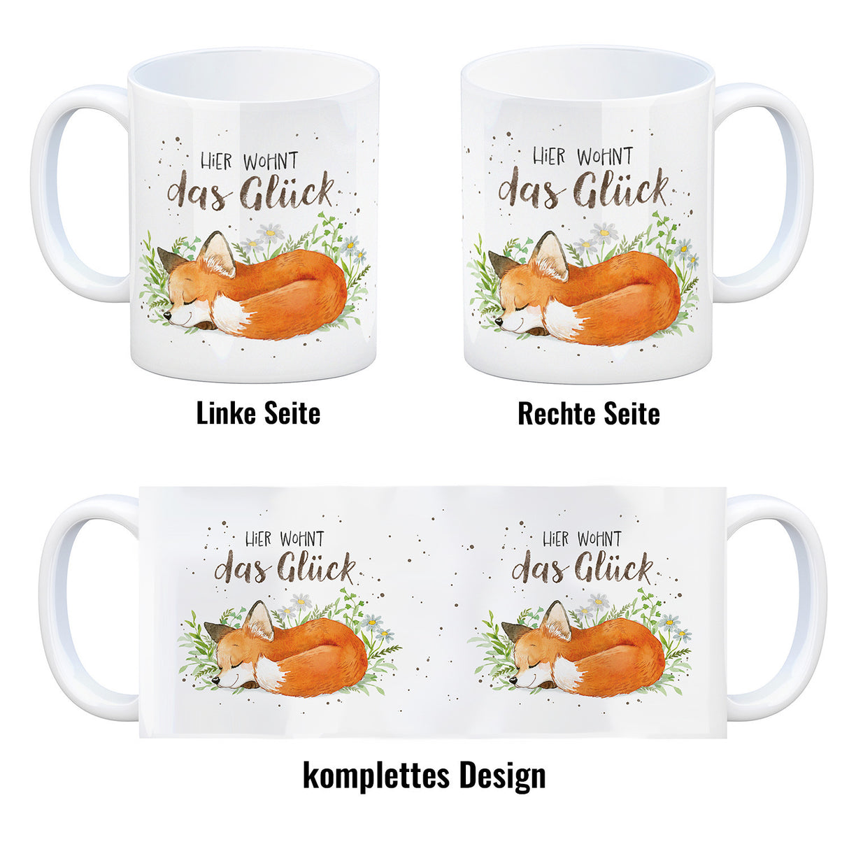 Hier wohnt das Glück Kaffeebecher mit Fuchs im Aquarell-Stil