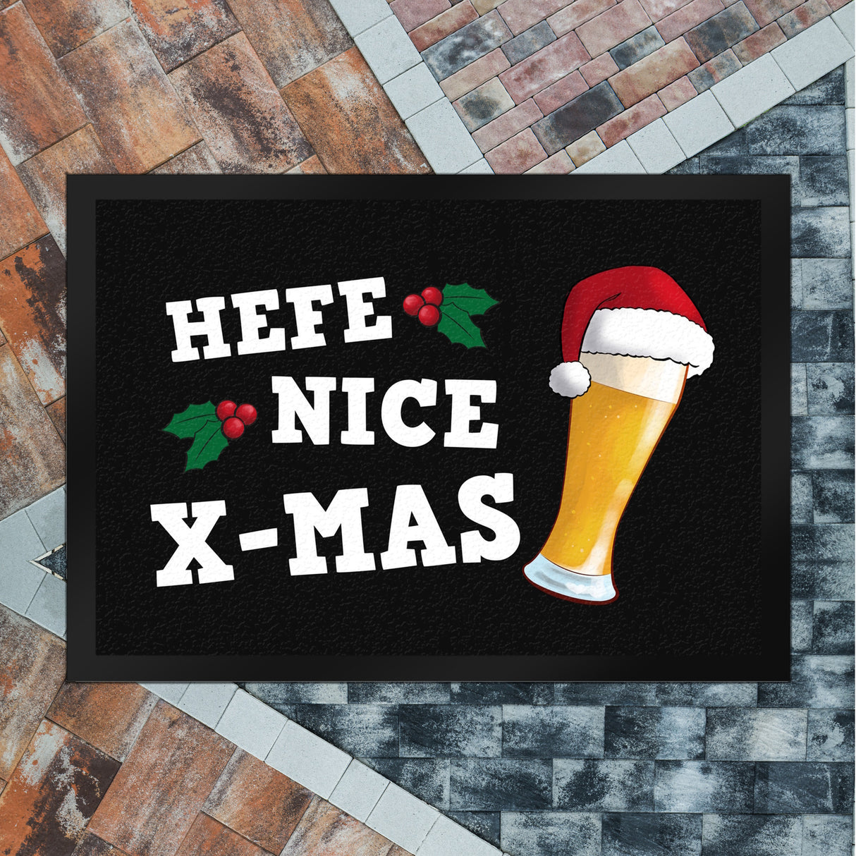 Bier mit Weihnachtsmütze Fußmatte in 35x50 cm mit Spruch Hefe nice X-mas