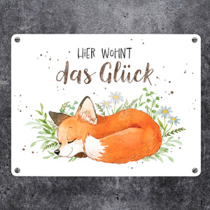 Fuchs Metallschild in 15x20 cm mit Spruch Hier wohnt das Glück