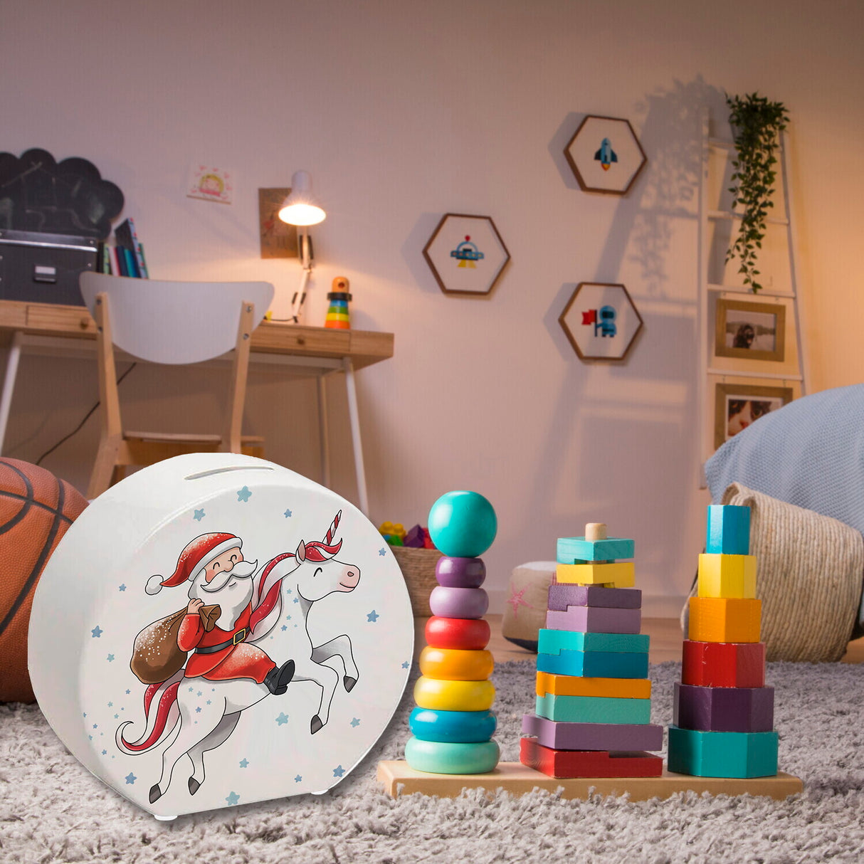 Weihnachtsmann auf Einhorn Spardose