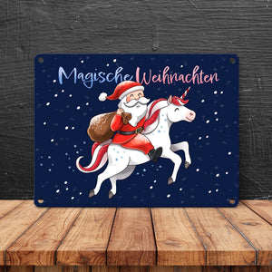 Weihnachtsmann auf Einhorn Metallschild in 15x20 cm mit Spruch Magische Weihnachten