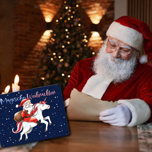Weihnachtsmann auf Einhorn Metallschild in 15x20 cm mit Spruch Magische Weihnachten