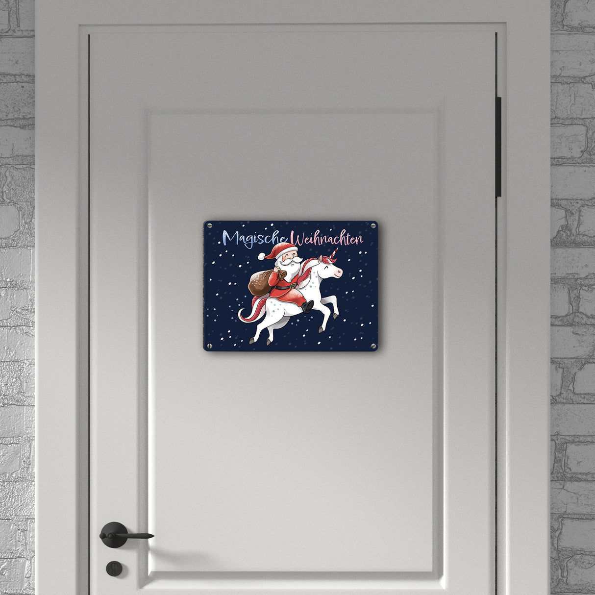 Weihnachtsmann auf Einhorn Metallschild in 15x20 cm mit Spruch Magische Weihnachten