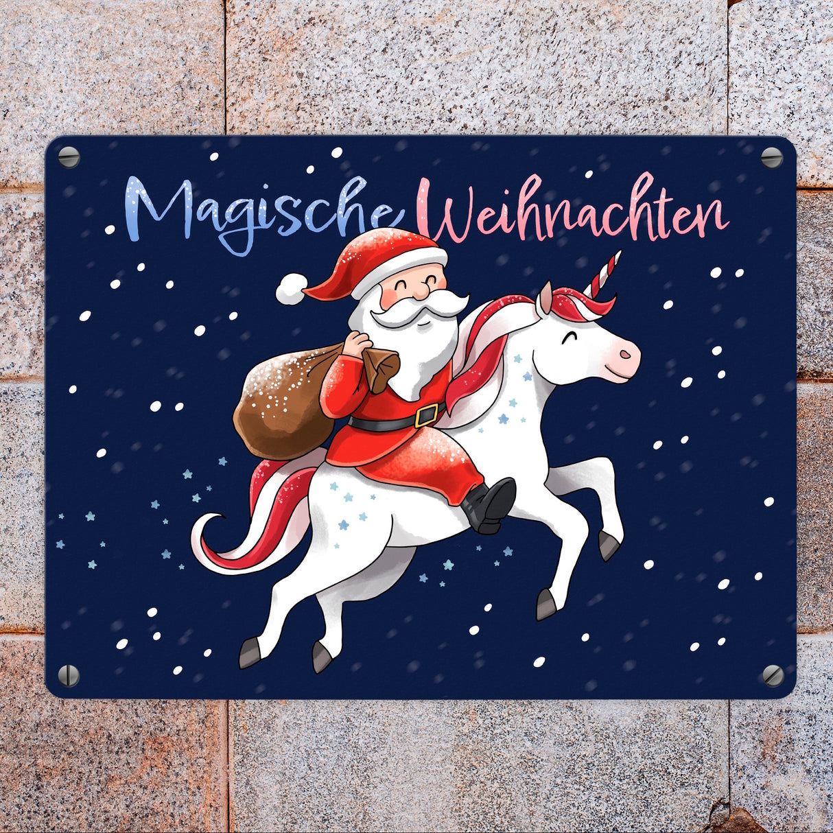 Weihnachtsmann auf Einhorn Metallschild in 15x20 cm mit Spruch Magische Weihnachten