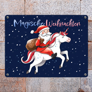 Weihnachtsmann auf Einhorn Metallschild in 15x20 cm mit Spruch Magische Weihnachten