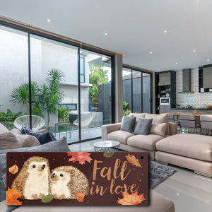 Igel im Herbst Metallschild mit Spruch Fall in love