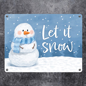 Schneemann im Winter Metallschild in 15x20 cm mit Spruch Let it snow