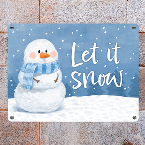 Schneemann im Winter Metallschild in 15x20 cm mit Spruch Let it snow