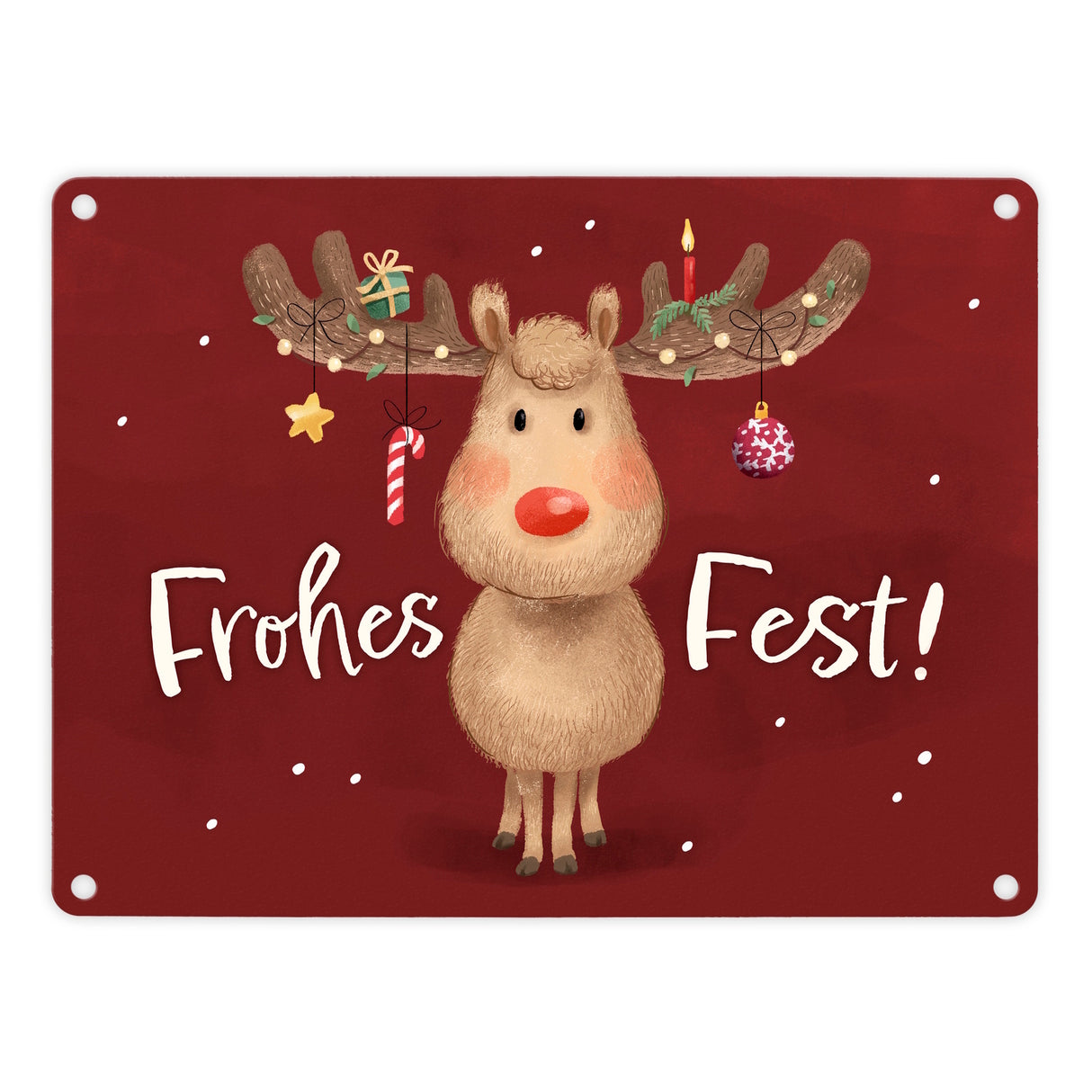 Rentier mit Weihnachtsschmuck Metallschild in 15x20 cm mit Spruch Frohes Fest