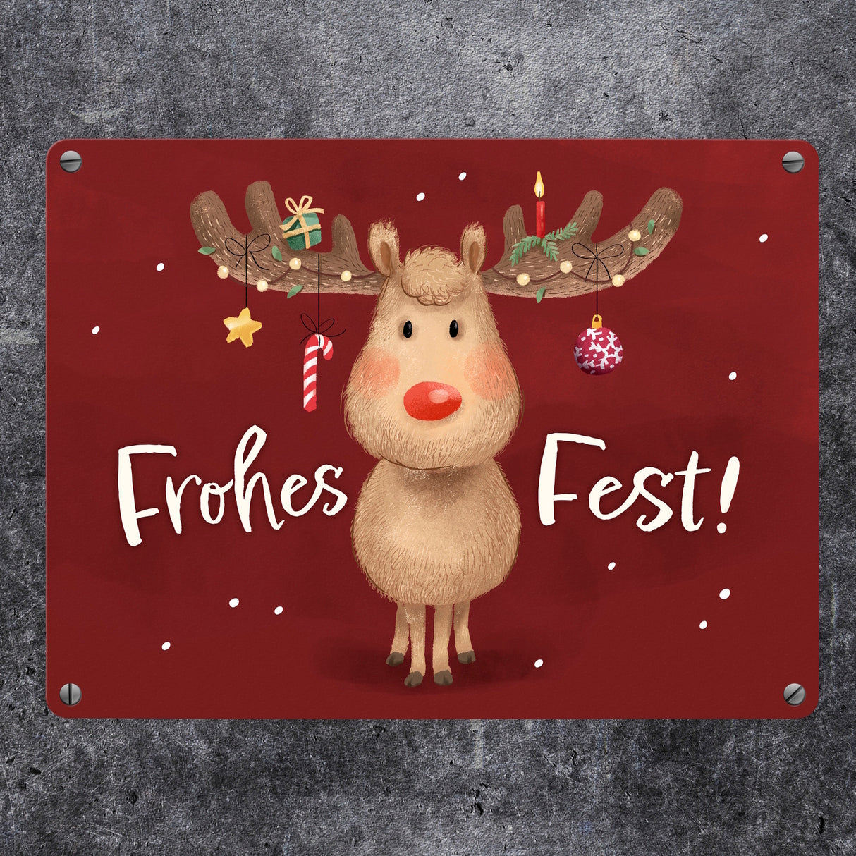 Rentier mit Weihnachtsschmuck Metallschild in 15x20 cm mit Spruch Frohes Fest