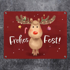Rentier mit Weihnachtsschmuck Metallschild in 15x20 cm mit Spruch Frohes Fest