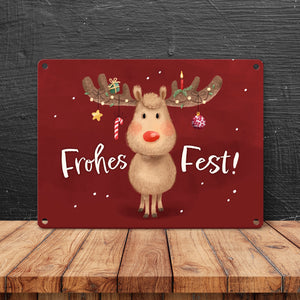 Rentier mit Weihnachtsschmuck Metallschild in 15x20 cm mit Spruch Frohes Fest