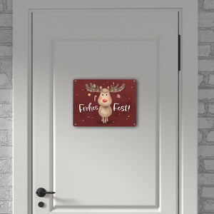 Rentier mit Weihnachtsschmuck Metallschild in 15x20 cm mit Spruch Frohes Fest