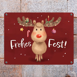 Rentier mit Weihnachtsschmuck Metallschild in 15x20 cm mit Spruch Frohes Fest