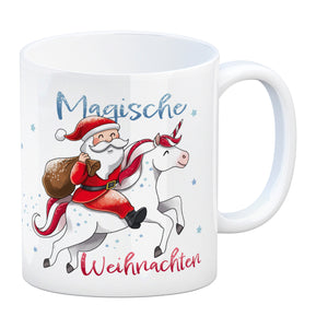 Weihnachtsmann auf Einhorn Kaffeebecher mit Spruch Magische Weihnachten