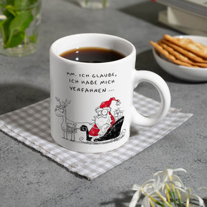 Weihnachtsmann im Schlitten Kaffeebecher mit Spruch Habe mich verfahren