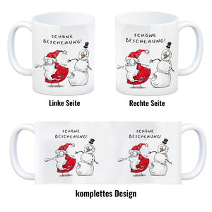 Weihnachtsmann und Schneemann Kaffeebecher mit Spruch Schöne Bescherung