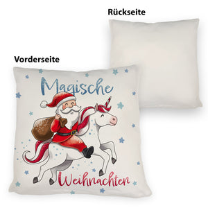 Weihnachtsmann auf Einhorn Kissen mit Spruch Magische Weihnachten