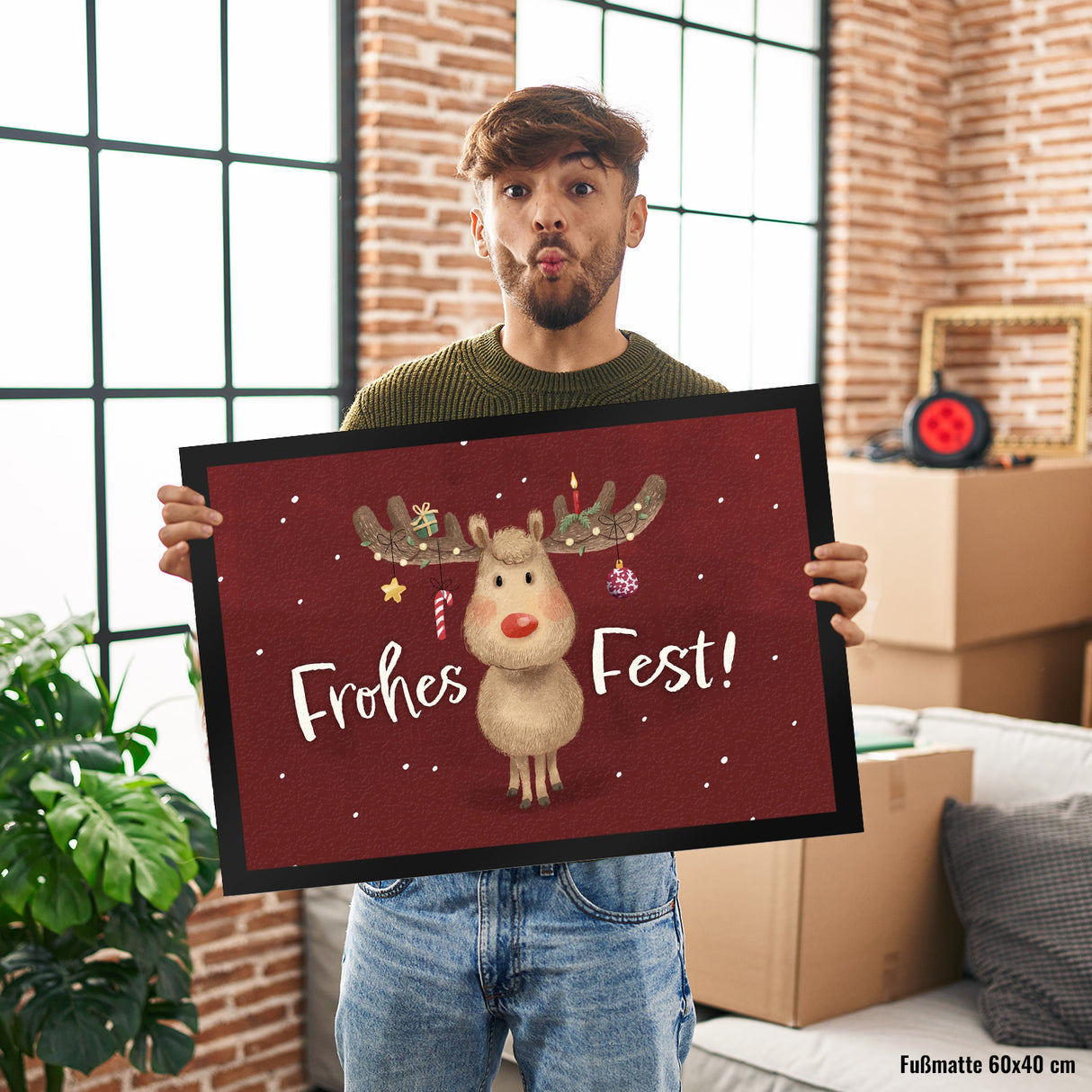 Frohes Fest Rentier mit Weihnachtsschmuck Fußmatte in 35x50 cm