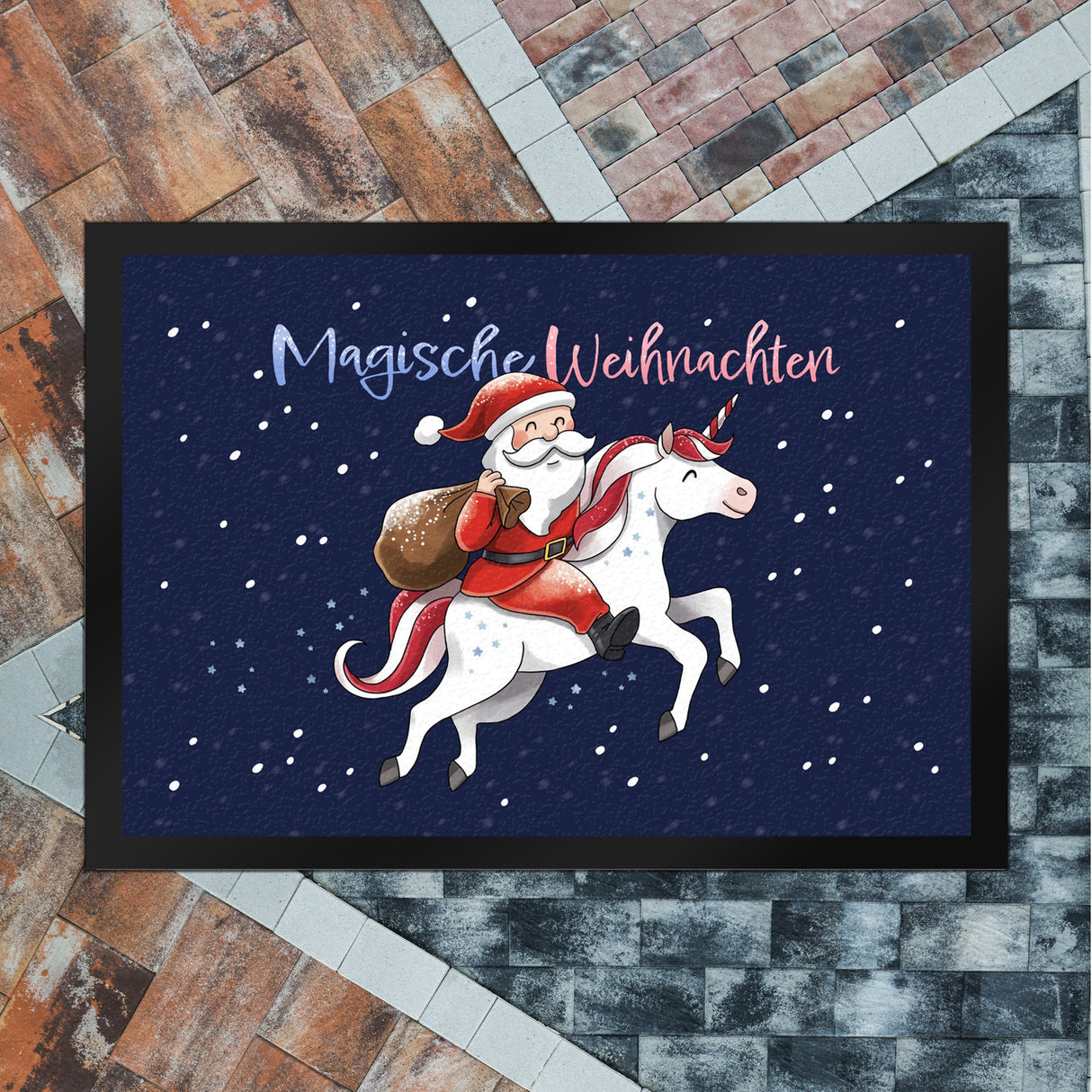 Weihnachtsmann auf Einhorn Fußmatte in 35x50 cm mit Spruch Magische Weihnachten