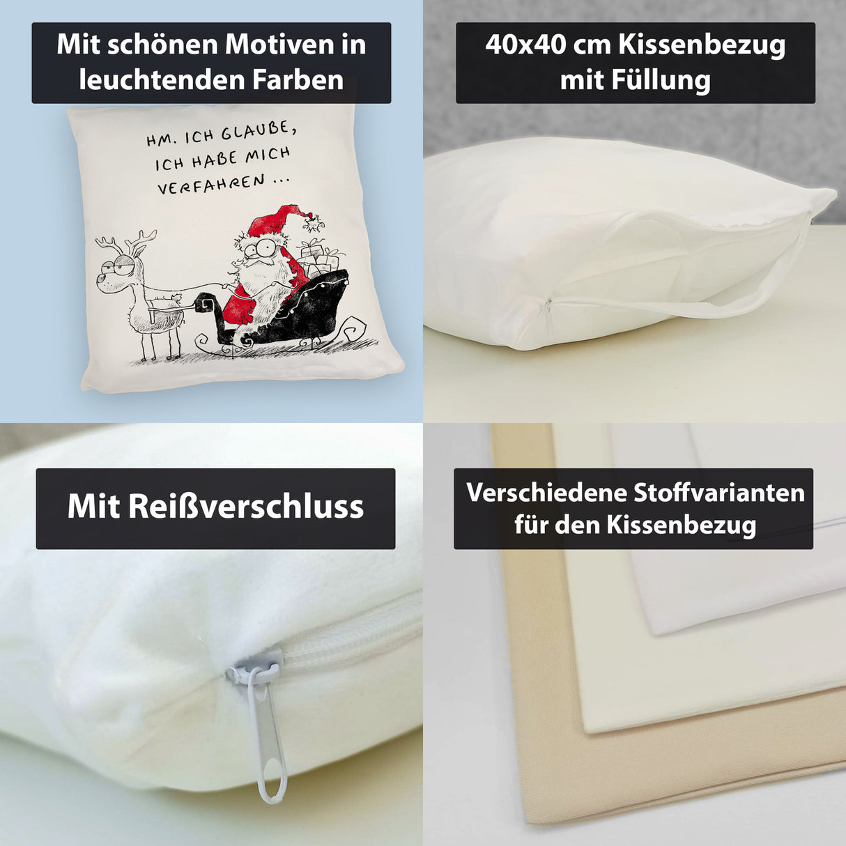 Weihnachtsmann im Schlitten Kissen mit Spruch Habe mich verfahren