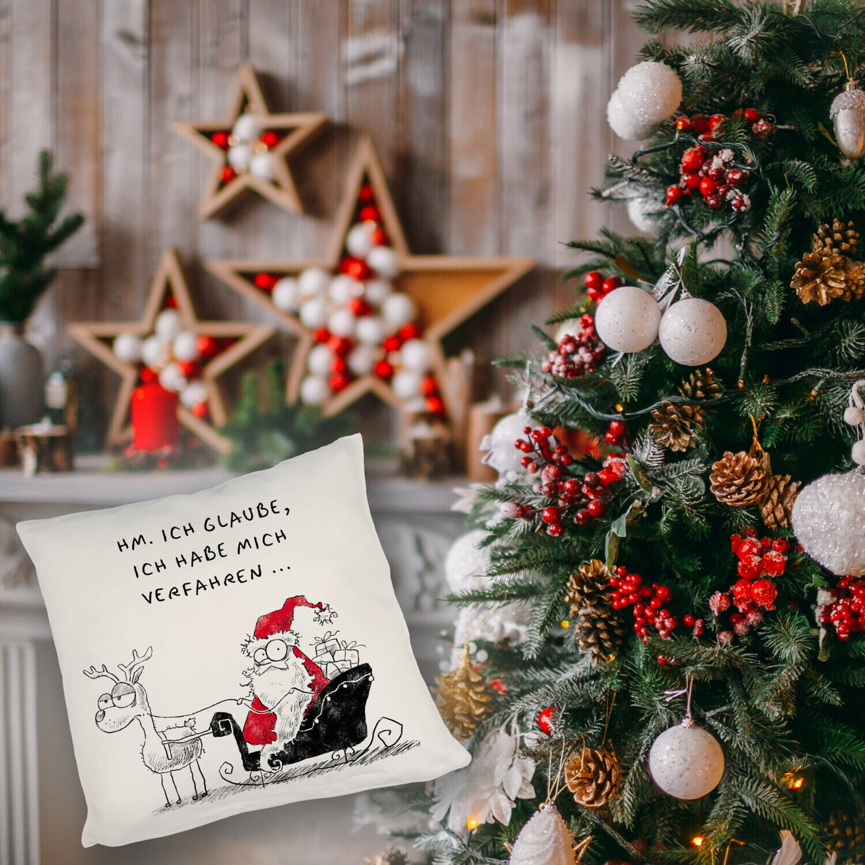 Weihnachtsmann im Schlitten Kissen mit Spruch Habe mich verfahren