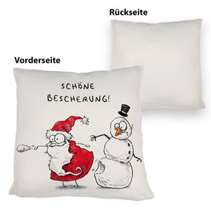 Weihnachtsmann und Schneemann Kissen mit Spruch Schöne Bescherung