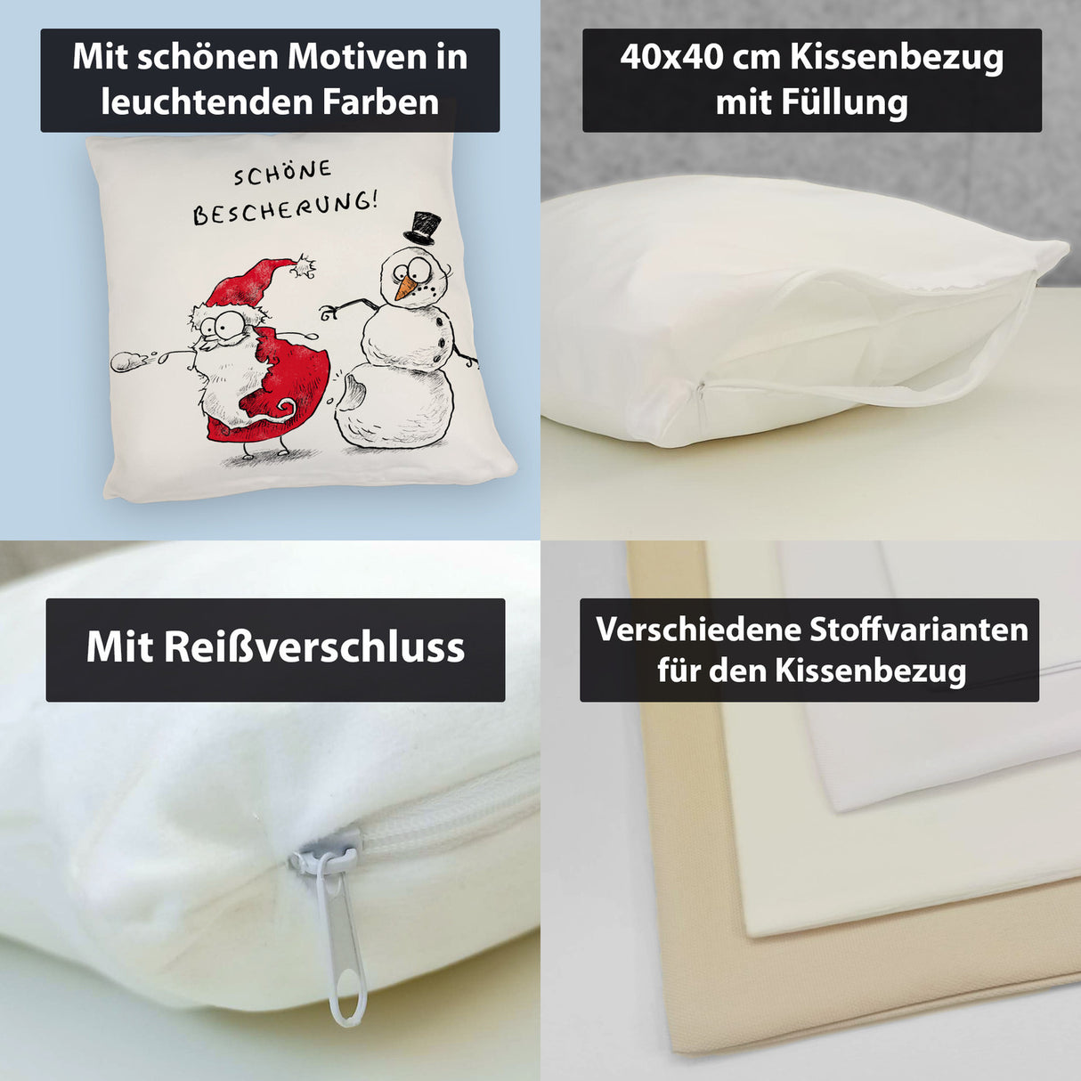 Weihnachtsmann und Schneemann Kissen mit Spruch Schöne Bescherung