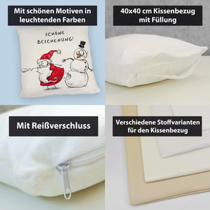 Weihnachtsmann und Schneemann Kissen mit Spruch Schöne Bescherung