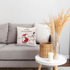 Weihnachtsmann und Schneemann Kissen mit Spruch Schöne Bescherung