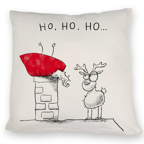 Weihnachtsmann im Kamin Kissen mit Spruch HO HO HO