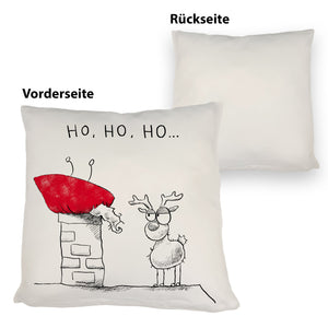 Weihnachtsmann im Kamin Kissen mit Spruch HO HO HO