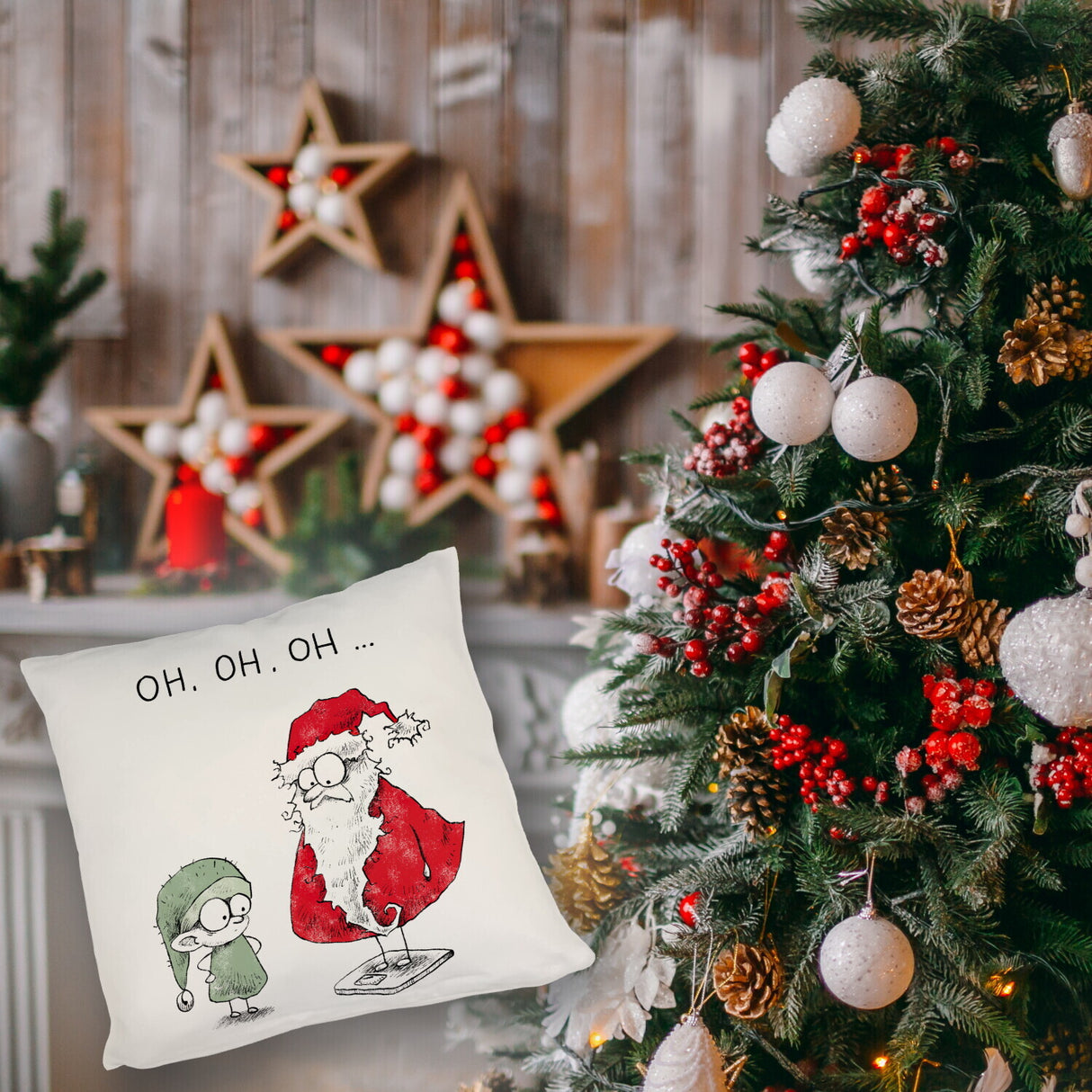 Weihnachtsmann und Elf Kissen mit Spruch OH OH OH